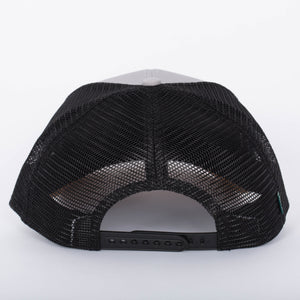 Legacy Mid Pro Snapback in grey, caramel and black, back view showing the black mesh and snap closure