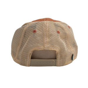 Legacy Old Favorite Trucker Hat showing the tan mesh back and snap closure