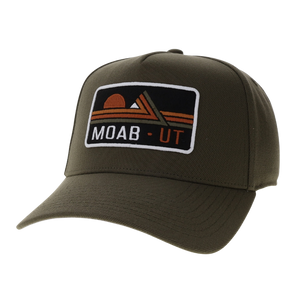 Legacy Olive Coach Cap with a Moab UT patch, angled view