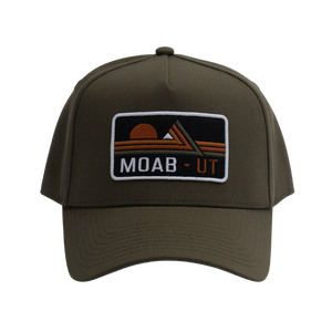 Legacy Olive Coach Cap with a rectangular Moab UT mountain sunset patch, front view