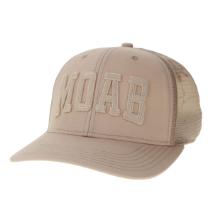 Legacy Sand Dune Mid-Pro Snapback Hat in tan with embossed MOAB lettering and mesh back, angled view