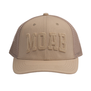 Legacy Sand Dune Mid-Pro Snapback Hat in tan with embossed MOAB lettering, front view