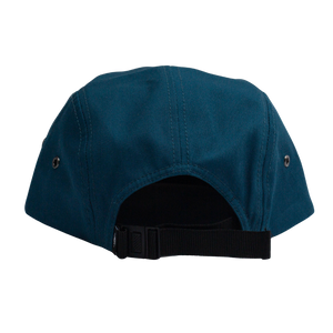 Locale Camper Leather Patch Cap in navy showing the back strap and clip closure