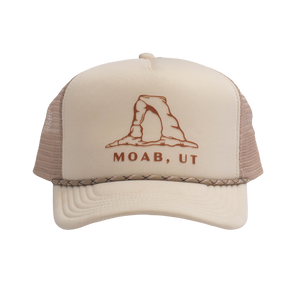 Locale Cardiff Foam Trucker Hat in cream and tan with an embroidered Delicate Arch and Moab, UT lettering