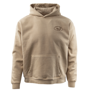 Locale Ember Pigment Dyed Oversized Hoodie in Brown, a tan hoodie with a small embroidered Moab chest logo and front pocket