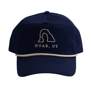 Locale Sedona 5 Panel Hat in navy with embroidered Delicate Arch outline and Moab, UT lettering, front view