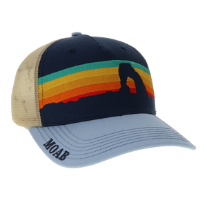 Locale Structured 5 Panel Trucker Cap in navy with rainbow sunset stripes and Delicate Arch, front view
