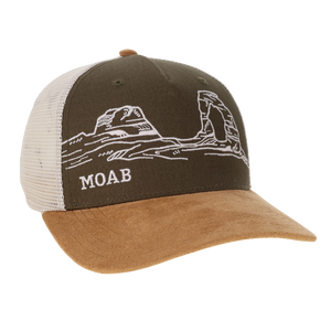 Locale Structured 5 Panel Trucker Cap in olive with a white arches sketch, suede brim and MOAB lettering, angled view
