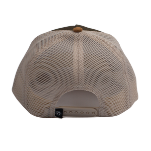 Locale Structured 5 Panel Trucker Cap in olive showing the tan mesh back and snap closure