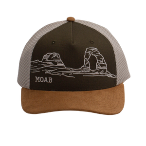 Locale Structured 5 Panel Trucker Cap in olive with a white arches sketch and MOAB lettering, front view