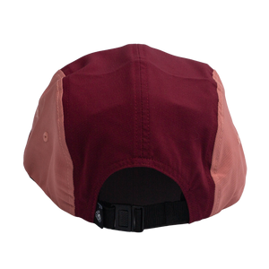 Locale Switchback Packable Camper Hat in maroon and pink showing the back strap closure
