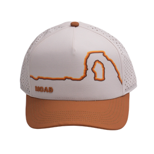 Cream and rust Locale Vista lightweight 5 panel hat with an embroidered Delicate Arch outline and MOAB, front view