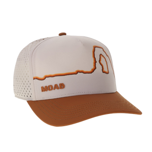 Cream and rust Locale Vista lightweight 5 panel hat with Delicate Arch embroidery, side view