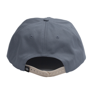 Slate blue Locale Wilson paracord 5 panel flat brim hat, back view showing the snapback closure