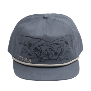 Slate blue Locale Wilson paracord 5 panel flat brim hat with a tonal canyon landscape print and MOAB, front view