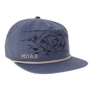 Slate blue Locale Wilson paracord 5 panel flat brim hat with MOAB and a canyon print, side view