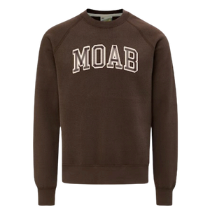Cocoa brown vintage fleece raglan crew sweatshirt with a MOAB varsity applique on the chest