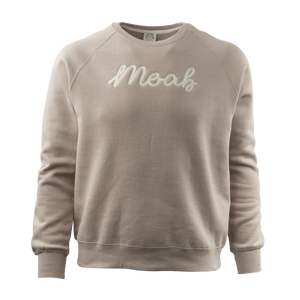 Atmosphere gray vintage fleece raglan crew sweatshirt with Moab embroidered in script on the chest