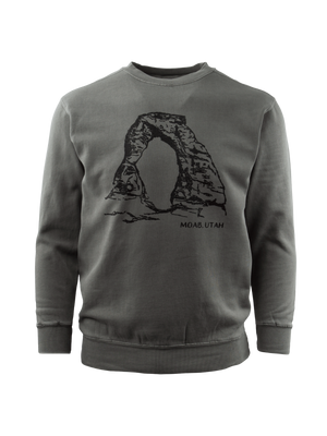 MV Sport Coastal Color Crewneck in Hazy, a gray green sweatshirt with a black line drawing of Delicate Arch and Moab Utah