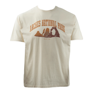 MV Sport Elements Arches Adult T-Shirt in Stone, a cream tee with a brown Arches National Park Delicate Arch graphic