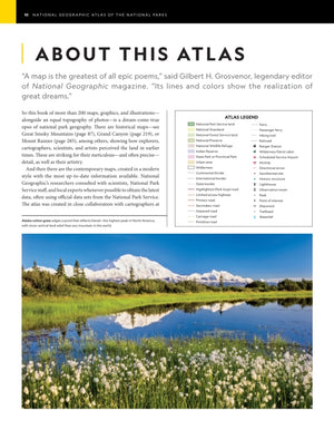National Geographic Atlas of the National Parks open to the About This Atlas page with a mountain lake photo