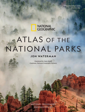 National Geographic Atlas of the National Parks by Jon Waterman, front cover with misty forest cliffs