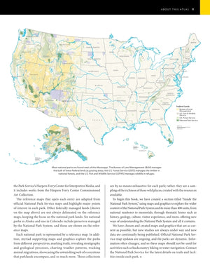 National Geographic Atlas of the National Parks open to a map of national park lands across the United States