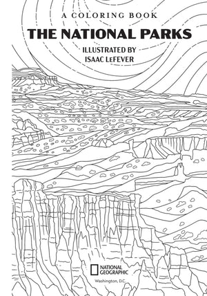 The National Parks Coloring Book open to a canyon landscape line drawing