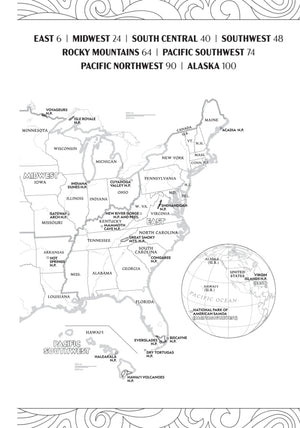 The National Parks Coloring Book open to the eastern United States parks map