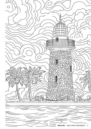 The National Parks Coloring Book open to a lighthouse line drawing