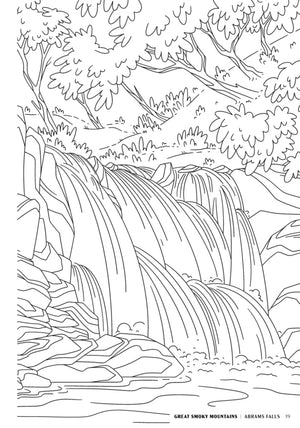 The National Parks Coloring Book open to a waterfall line drawing