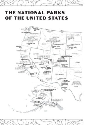 The National Parks Coloring Book open to the western United States parks map