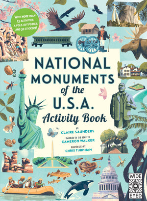 National Monuments of the USA Activity Book by Quarto, front cover with the Statue of Liberty and Lincoln Memorial illustrations