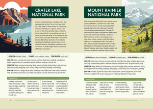National Parks Activities Kit guidebook open to the Crater Lake and Mount Rainier pages