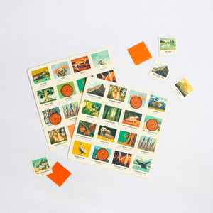 National Parks of the USA Bingo game boards and orange counters laid out