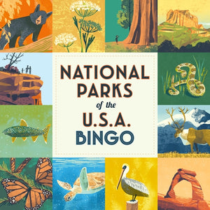 National Parks of the USA Bingo by Quarto, box lid with a colorful grid of park animals and landscapes