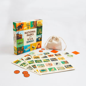 National Parks of the USA Bingo box with game boards, counters and a cloth bag