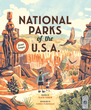 National Parks of the USA hardcover book by Quarto, front cover with illustrated hoodoos and a soaring hawk