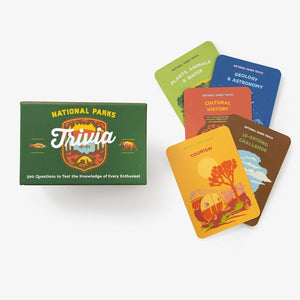 National Parks Trivia card game box with colorful category cards fanned out