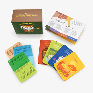 National Parks Trivia card game box open with question cards spread around it