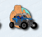 Moab blue UTV enamel pin, a die cut blue side by side in front of Delicate Arch