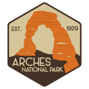 Simply Moab Arches Dirt Hex Sticker, a hexagon sticker with Delicate Arch in tan and orange, Est. 1929