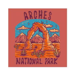Simply Moab Arches Dirt Scenic Magnet, a square rust red magnet with a hand drawn Delicate Arch and blue sky