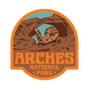 Simply Moab Arches Double Arch Sticker, an orange and brown sticker with the Double Arch rock formation