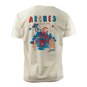 Simply Moab Arches Jimmy Adult T-Shirt in Ivory, back view with a retro alien and bigfoot Arches National Park graphic