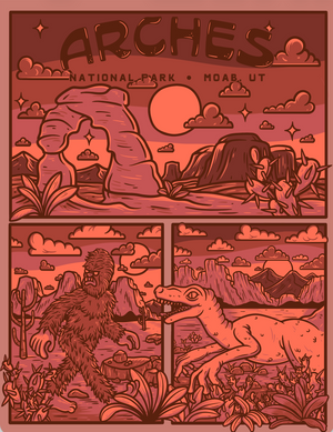 Simply Moab Arches Moab Scene Sticker, a red comic style sticker with Delicate Arch, bigfoot and a dinosaur, Arches National Park Moab UT