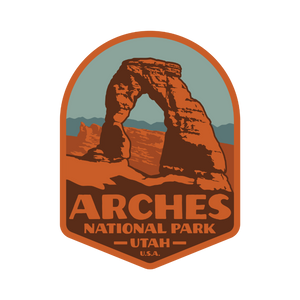 Simply Moab Arches National Park Silhouette Sticker, an arch shaped orange and teal sticker with Delicate Arch, Utah USA