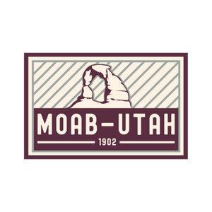 Simply Moab Arches Striped Sticker, a rectangular sticker with a striped Delicate Arch and Moab Utah 1902 lettering