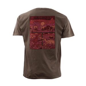 Simply Moab Arches Yeti Raptor Shirt in Espresso, back view with the red comic style bigfoot and raptor Arches graphic