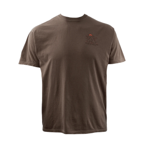 Simply Moab Arches Yeti Raptor Shirt in Espresso, a dark brown tee with a small chest print, front view